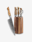 B30 7pcs Knife Set, 1pc 3.5 ″ Paring Knife, 1pc 5 ″ Utility Knife, 1pc 7 ″ Santoku Knife, 1pc 8 ″ Chef Knife, 1pc 8 ″ Bread Knife, 1pc Scissor, 1pc Wooden Holder having Figured Sycamore Wood Handle
