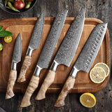 B30 7 Pcs Set, 1 Pc 8 ″ Chef Knife, 1 Pc 7 ″ Santoku Knife, 1 Pc 8 ″ Bread Knife, 1 Pc 5 ″ Utility Knife, 1 Pc 3.5 ″ Paring Knife, 1 Pc Scissor , 1 Pc Wooden Holder Having Figured Sycamore Wood Handle