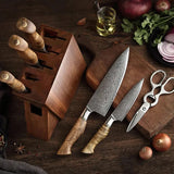 B30 7 Pcs Set, 1 Pc 8 ″ Chef Knife, 1 Pc 7 ″ Santoku Knife, 1 Pc 8 ″ Bread Knife, 1 Pc 5 ″ Utility Knife, 1 Pc 3.5 ″ Paring Knife, 1 Pc Scissor , 1 Pc Wooden Holder Having Figured Sycamore Wood Handle