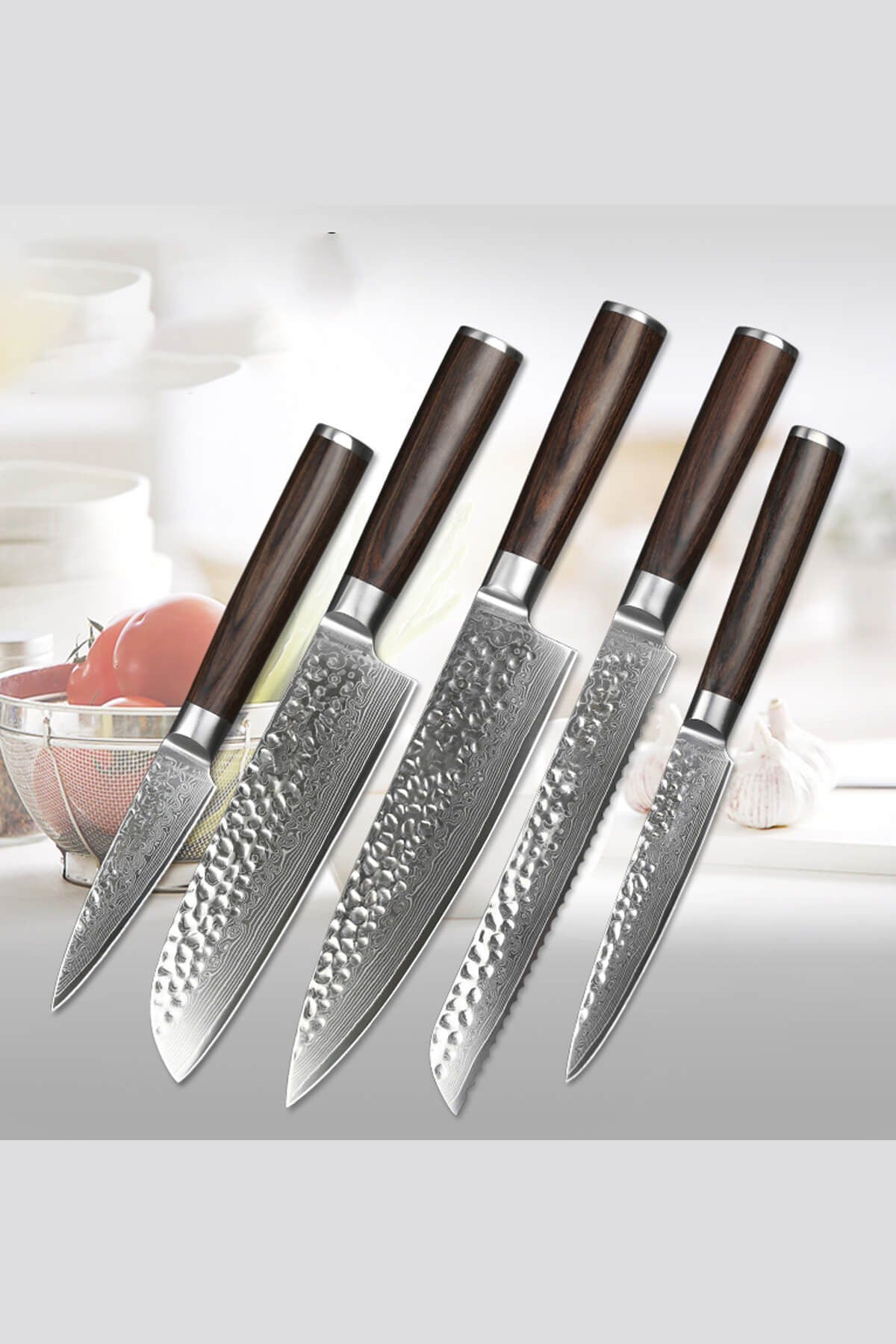 B1Z 5 Pcs Knife Set, 67 Layers Damascus Steel Having Nature Ebony Wood Handle