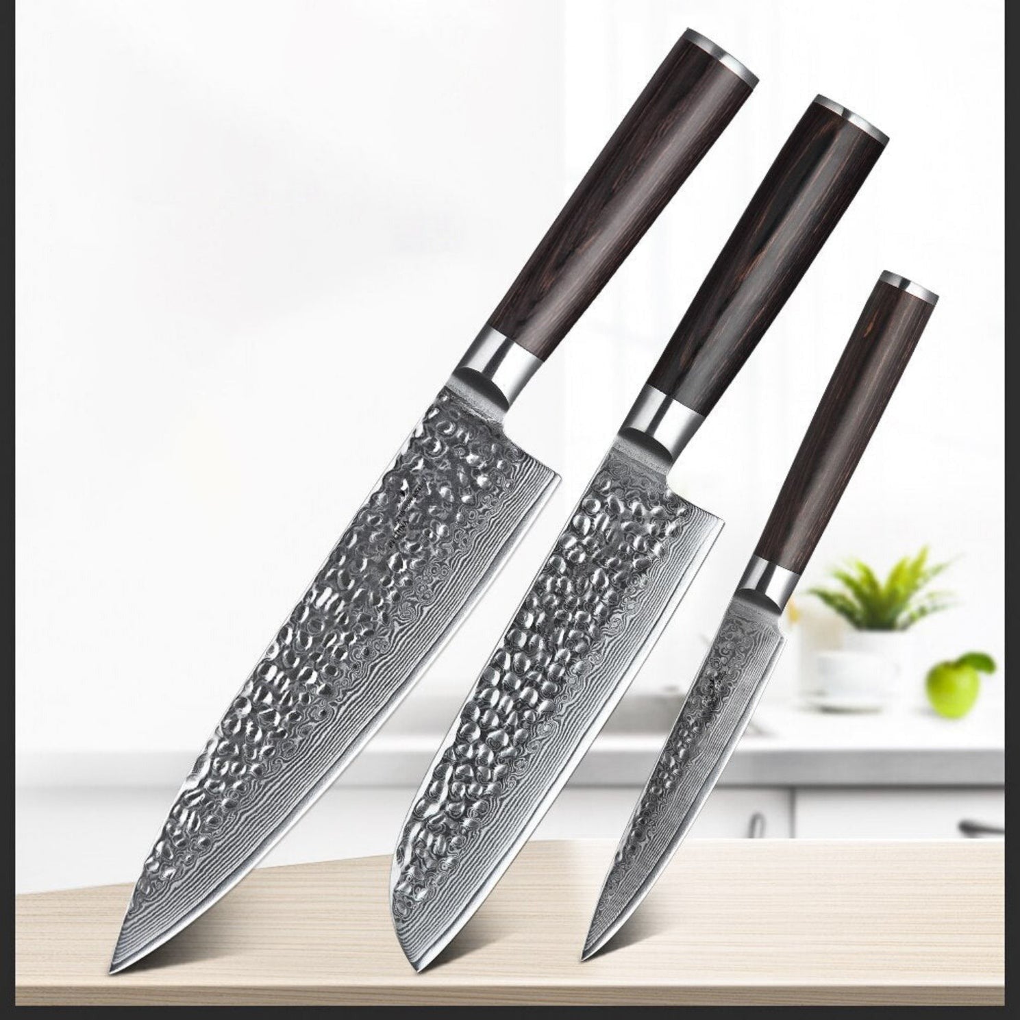 B1Z 3pcs Damascus knife Set 1 pc 8 inch chef knife, 1 pc 7 inch santoku knife, 1 pc 5 inch utility knife Having Nature ebony Wood Handle