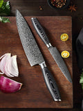 Benchmark Series 2pcs Damascus Knife Set Having Pakka Wood Handle