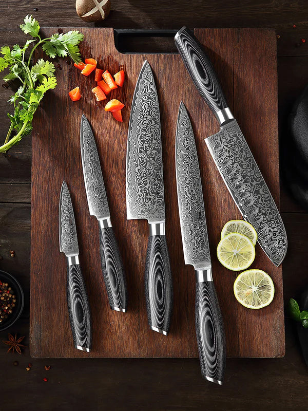 Benchmark Series 5pcs Damascus Steel Knife Set Having Wood Handle