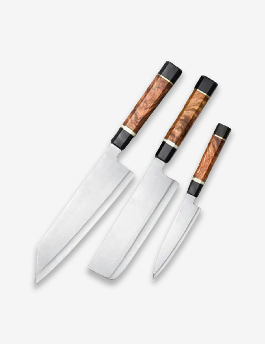 3pcs Knife Set Having Multiple Knives Including Black G10+White Ox Bone +Padauk Burl Wood Handle