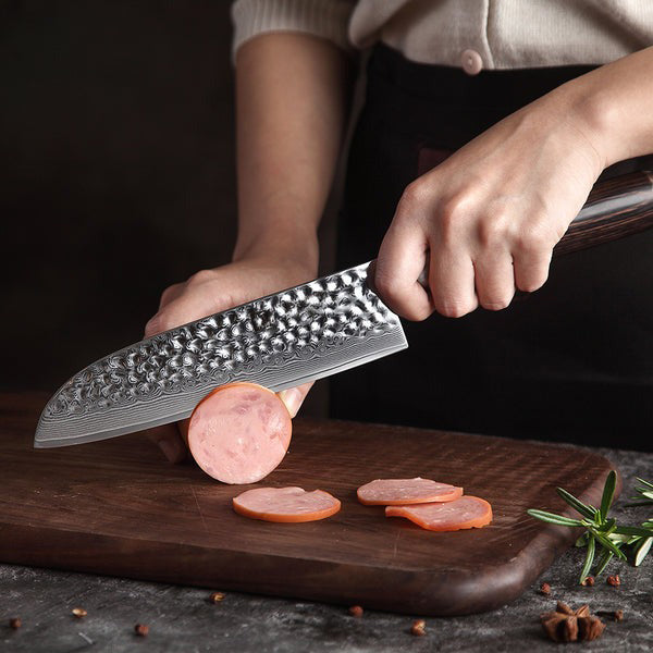 B1Z 7 inch 67 Layers Damascus steel santoku Knife having Nature ebony wood Used to Cut Vegetables, Meat, and Fish