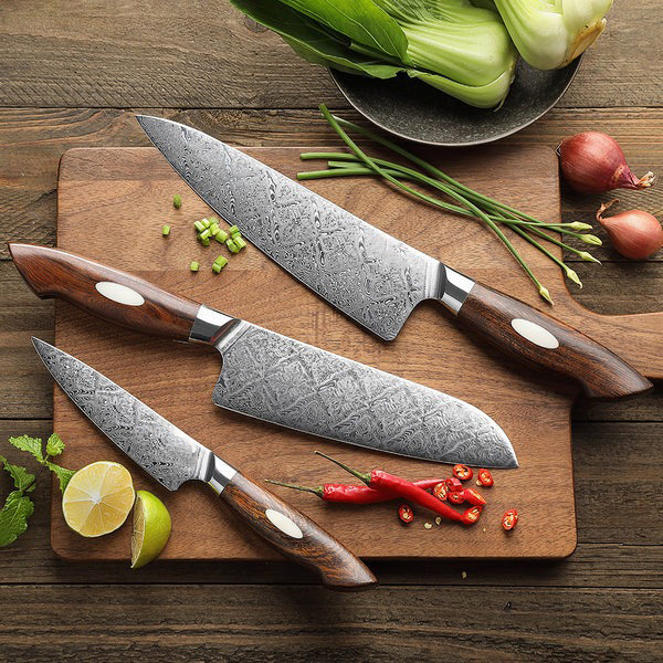 Black Wolf Series 3pcs Damascus Steel Chef, Santoku And Utility Knife Set