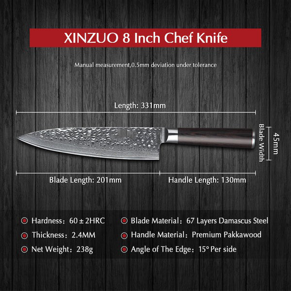 B1Z 8 inch 67 Layers Damascus steel chef knife with nature ebony wood Used to Slice, Dice, and Chop Ingredients with Precision