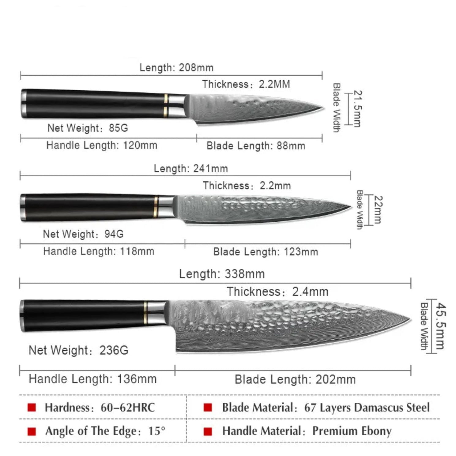 B1Z 5 Pcs Knife Set, 67 Layers Damascus steel Having Nature eBony Wood Handle