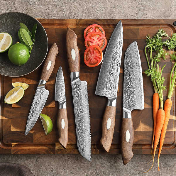 Black Wolf Series 5pcs Damascus Steel Chef, Bread,Santoku,Utility And Paring Knife