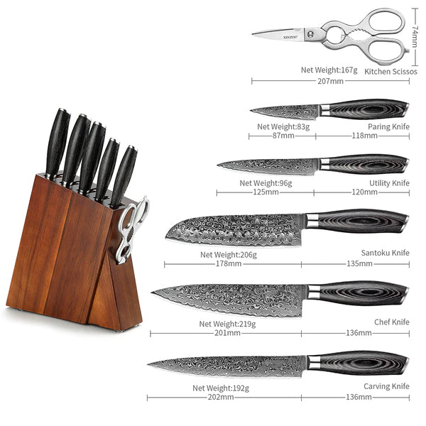 Benchmark Series 7pcs Damascus Steel Knife Set Having Pakka Wood Handle