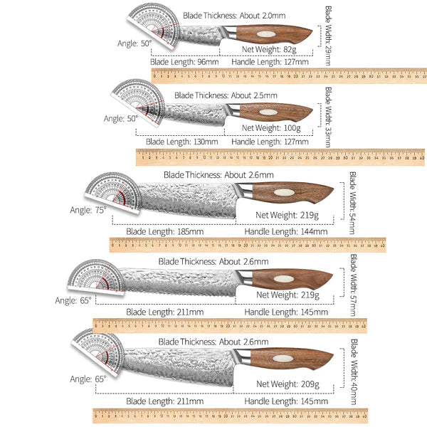 Black Wolf Series 5pcs Damascus Steel Chef, Bread,Santoku,Utility And Paring Knife