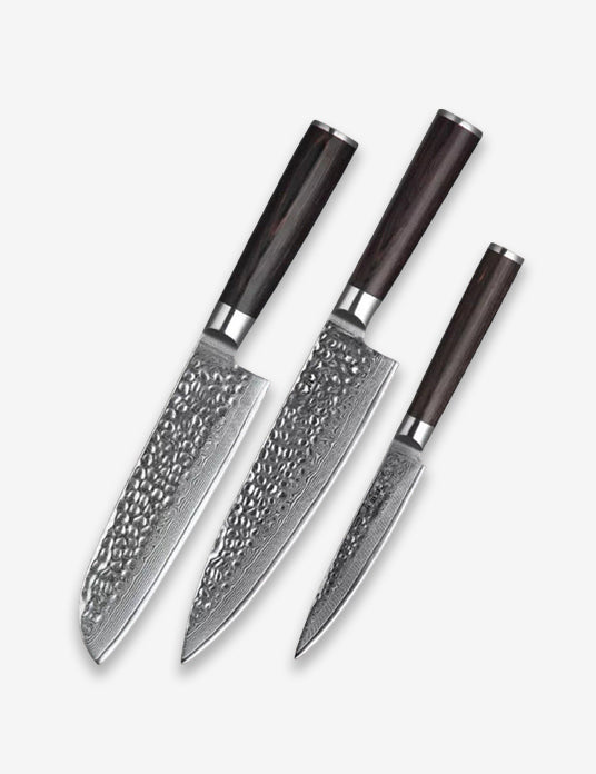 B1Z 3pcs Damascus knife Set 1 pc 8 inch chef knife, 1 pc 7 inch santoku knife, 1 pc 5 inch utility knife Having Nature ebony Wood Handle