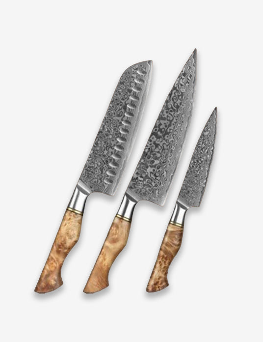 B30 3pcs Damascus Knife Set, 1 Pc 8 Inch Chef Knife, 1 Pc 7 Inch Santoku Knife, 1 Pc 5 Inch Utility Knife  Having Figured Sycamore Wood Handle