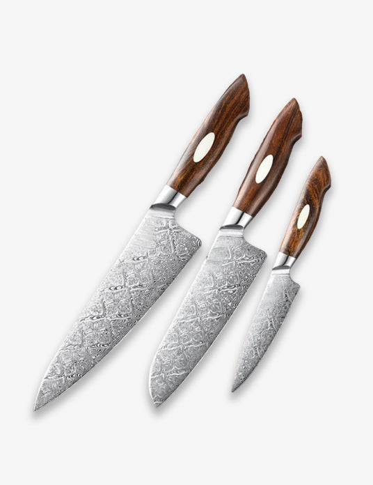 Black Wolf Series 3pcs Damascus Steel Chef, Santoku And Utility Knife Set