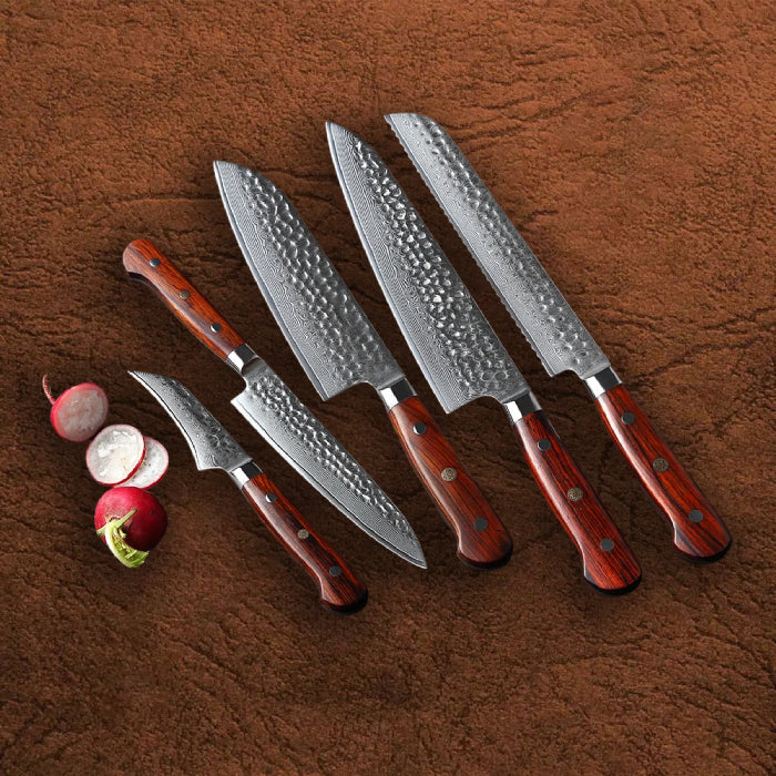 Batonnet Series 5pcs Damascus Steel Knife Set Having Nature Rosewood Handle