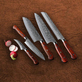 Batonnet Series 5pcs Damascus Steel Knife Set Having Nature Rosewood Handle
