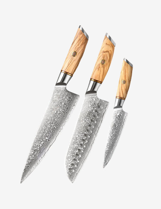 Blaze Series 3pcs Damascus Steel Knife Set Having Olive Wood Handle