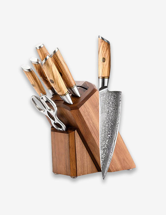 Blaze Series 8pcs Damascus Knife Set with Block Having Olive Wood Handle