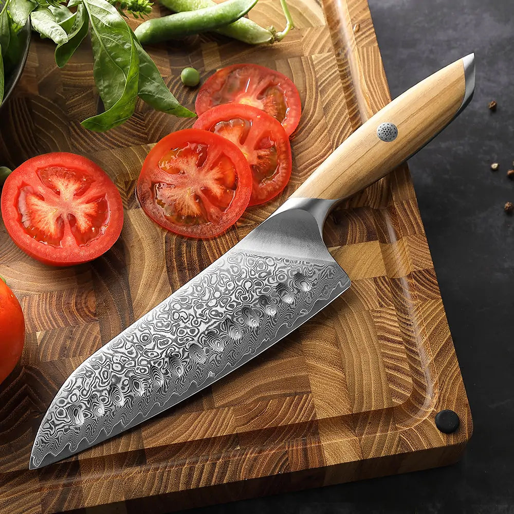 X01 7.5 Inch Santoku Knife, 73 LAYERS Damascus STEEL WITH POWDER STEEL Having Olive Wood Handle