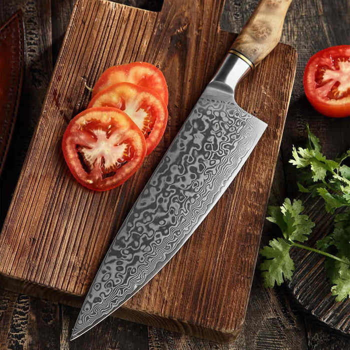 B30 8 Inch Chef Knife, 67 Layers Damascus Steel Having Figured Sycamore Wood Handle