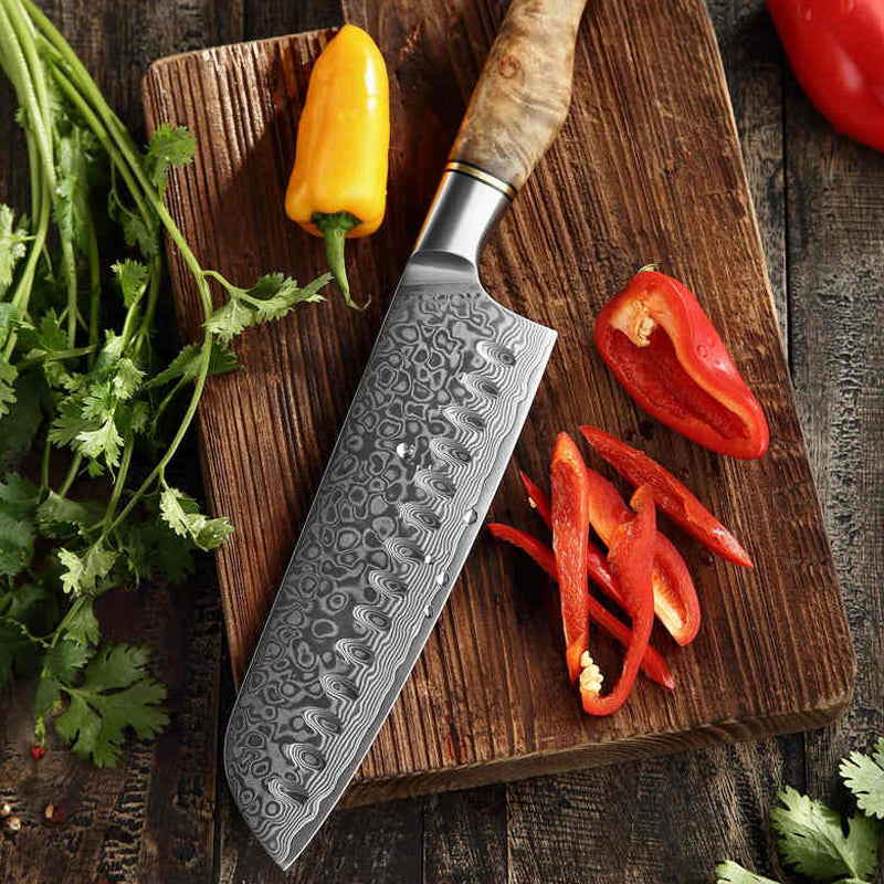 B30 7 Inch Santoku Knife, 67 Layers Damascus Steel Having Figured Sycamore Wood Handle