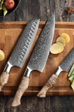 B30 3pcs Damascus Knife Set, 1 Pc 8 Inch Chef Knife, 1 Pc 7 Inch Santoku Knife, 1 Pc 5 Inch Utility Knife  Having Figured Sycamore Wood Handle