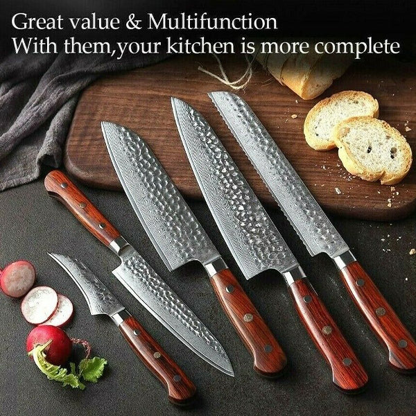 Batonnet Series 6pcs Damascus Steel Knife Set Having Nature Rosewood Handle