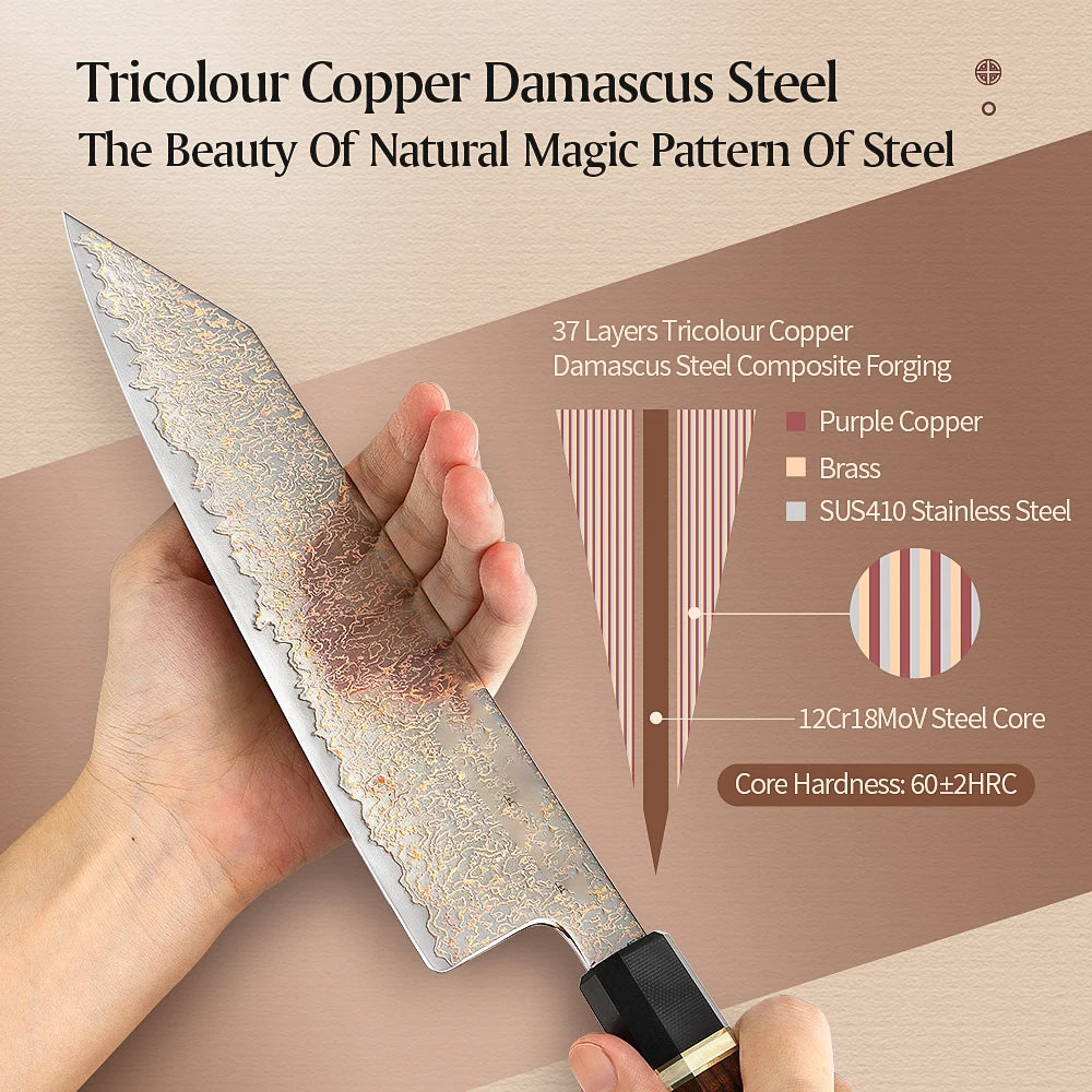 37 layers copper Damascus steel, 6.8 inch nakiri knife, 37 Layers Copper Damascus Steel Having North America Desert Ironwood Handle