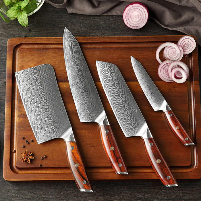 Blade Born Series 5pcs Damascus Steel Knife Se Having Rosewood with Triple Rivets