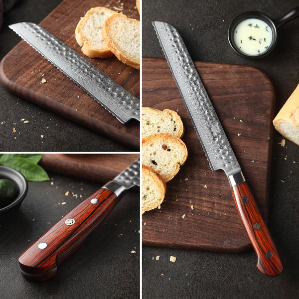 Batonnet Series 8 inch Damascus Steel Bread Knife Having Nature Rosewood Handle