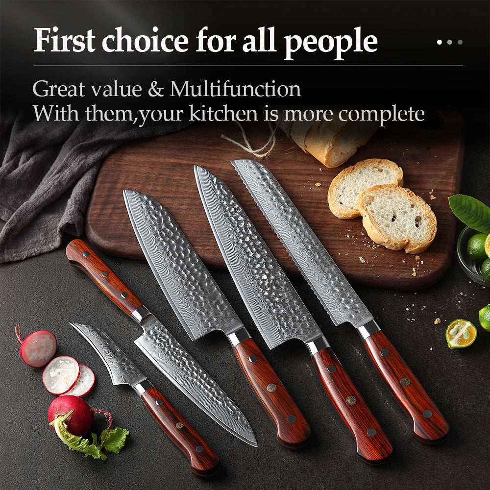 Batonnet Series 5pcs Damascus Steel Knife Set Having Nature Rosewood Handle