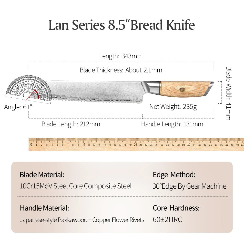 X01 8.5 Inch Bread Knife, 73 LAYERS Damascus Steel with Poweder steel Having Olive Wood Handle