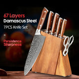 Bravo Series 3 Pcs Damascus Steel Chef, Utility and Santoku Knife Set With Iron Wood Handle