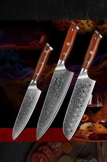 Bold Radiance Series 3pcs Damascus Knife Set with Triple Rivets Handle