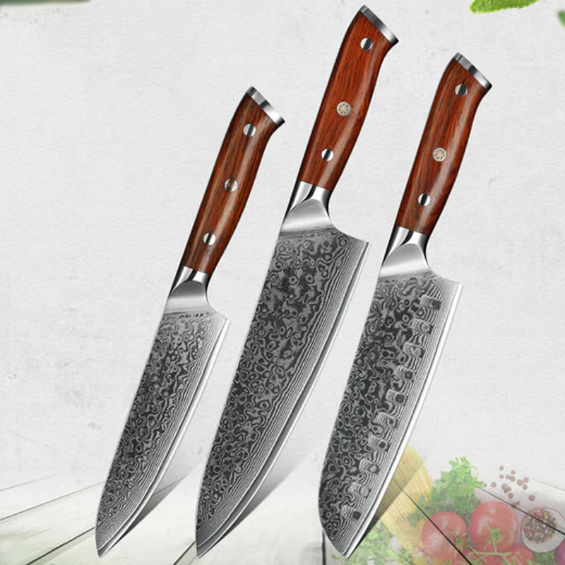 Bold Radiance Series 3pcs Damascus Knife Set with Triple Rivets Handle