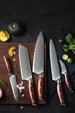 B27 5pcs Knife Set, 67 Layers Damascus Steel Having nature Rosewood with Triple Rivets