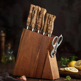 B30 7 Pcs Set, 1 Pc 8 ″ Chef Knife, 1 Pc 7 ″ Santoku Knife, 1 Pc 8 ″ Bread Knife, 1 Pc 5 ″ Utility Knife, 1 Pc 3.5 ″ Paring Knife, 1 Pc Scissor , 1 Pc Wooden Holder Having Figured Sycamore Wood Handle