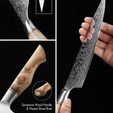 B30 7pcs Knife Set, 1pc 3.5 ″ Paring Knife, 1pc 5 ″ Utility Knife, 1pc 7 ″ Santoku Knife, 1pc 8 ″ Chef Knife, 1pc 8 ″ Bread Knife, 1pc Scissor, 1pc Wooden Holder having Figured Sycamore Wood Handle